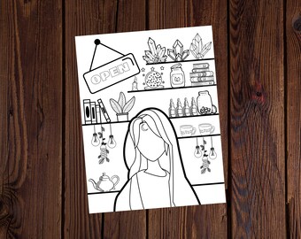 Puede incluir: Ilustración en blanco y negro de una mujer con cabello largo frente a estantes llenos de cristales, libros y frascos. Un letrero que dice "OPEN" cuelga sobre los estantes. Bombillas decorativas cuelgan.
