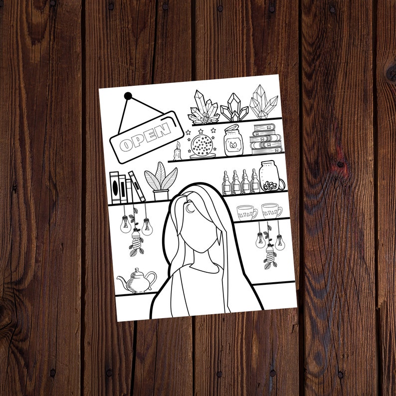 May include: Black and white illustration of a woman with long hair standing in front of shelves filled with crystals, books, and jars. A sign that says "OPEN" hangs above the shelves. Decorative light bulbs hang from the shelves.