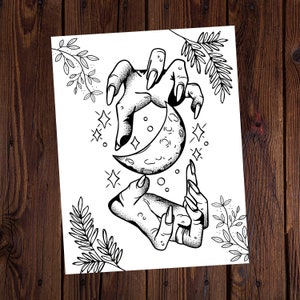 Grasp the Moon Coloring Page-Magical Coloring Page-Witchy Coloring Page-Spiritual Coloring Page-Moon Coloring Page-Divination Coloring Page
