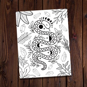 May include: Black and white illustration of a snake with moon and star details, surrounded by crystals and foliage. The snake is the central focus, with a stylized design. The artwork is set against a wooden background, creating a contrast.