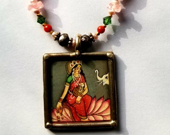Lakshmi, Goddess of Abundance - Hand Painted Pendant, Freshwater Pearls, Coral, Swarovski Crystals, Vintage Glass, Sterling Silver, Vermeil