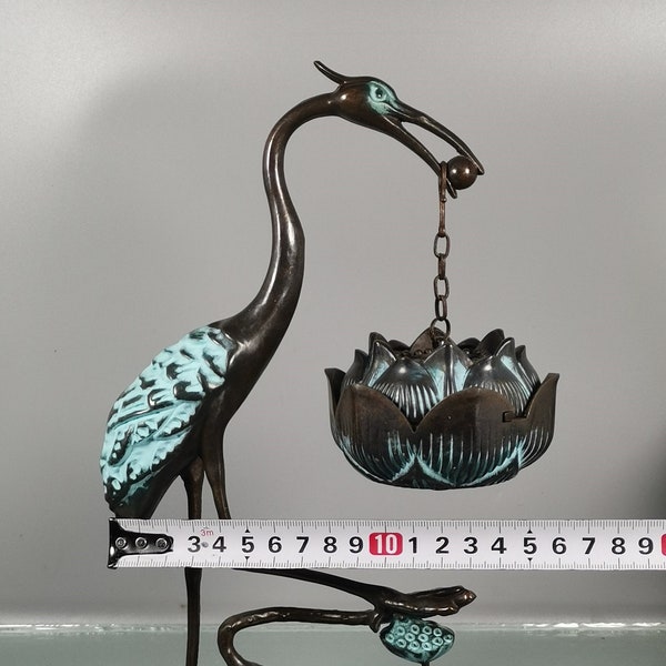 Chinese Antique Collection Handcrafted Large Pure Copper Crane Hanging Furnace Lotus Incense Burner Ornament