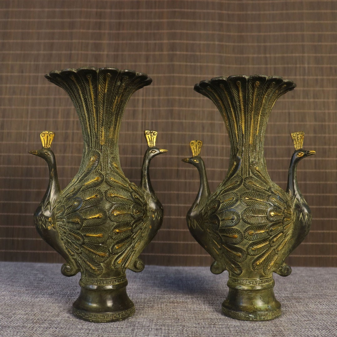 Chinese Handcarved Brass Peacock Vase Ornaments Exquisite Etsy