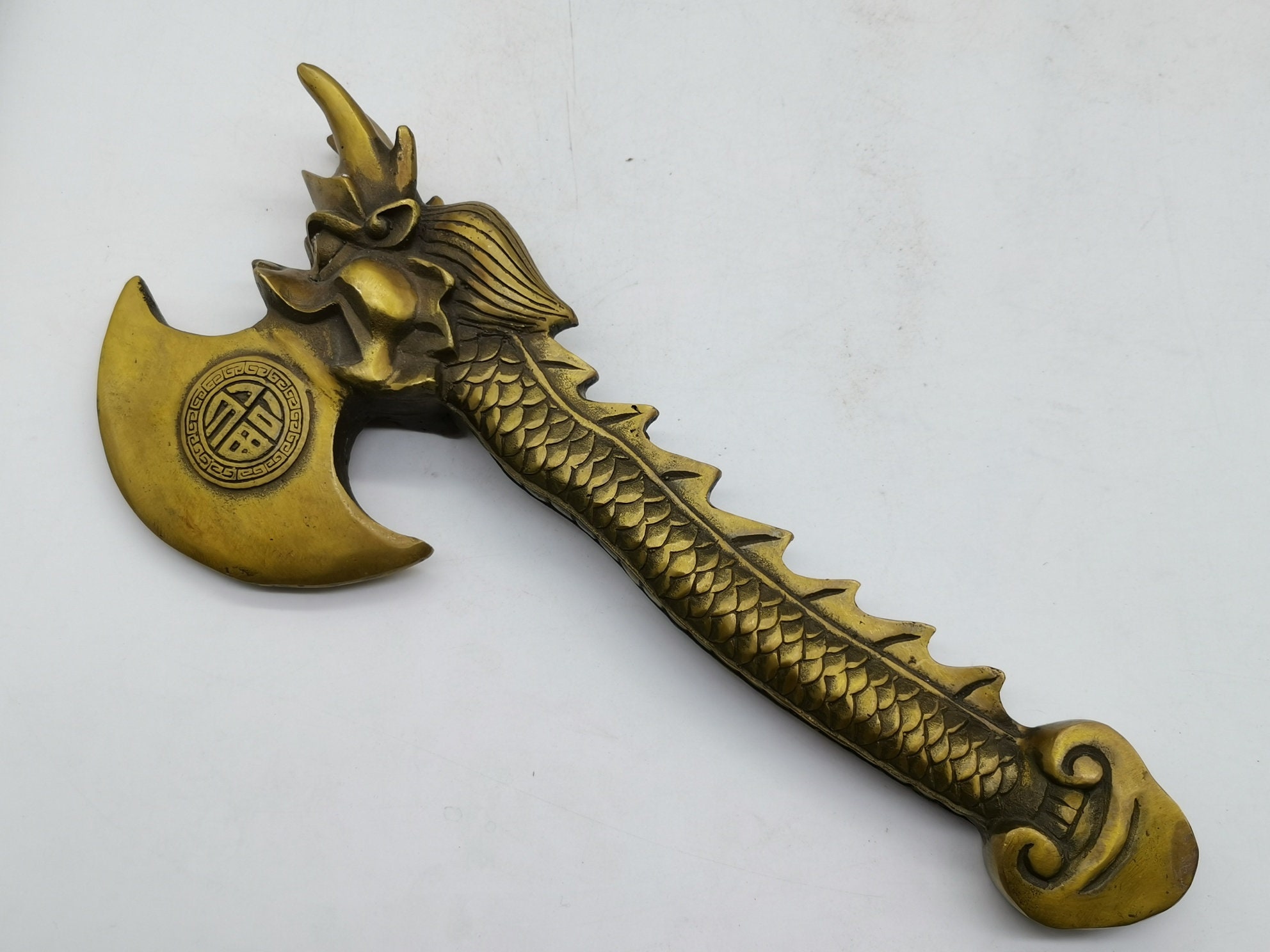 Chinese Antique Pure Copper Axe Pure Hand Carved Dragon Pattern