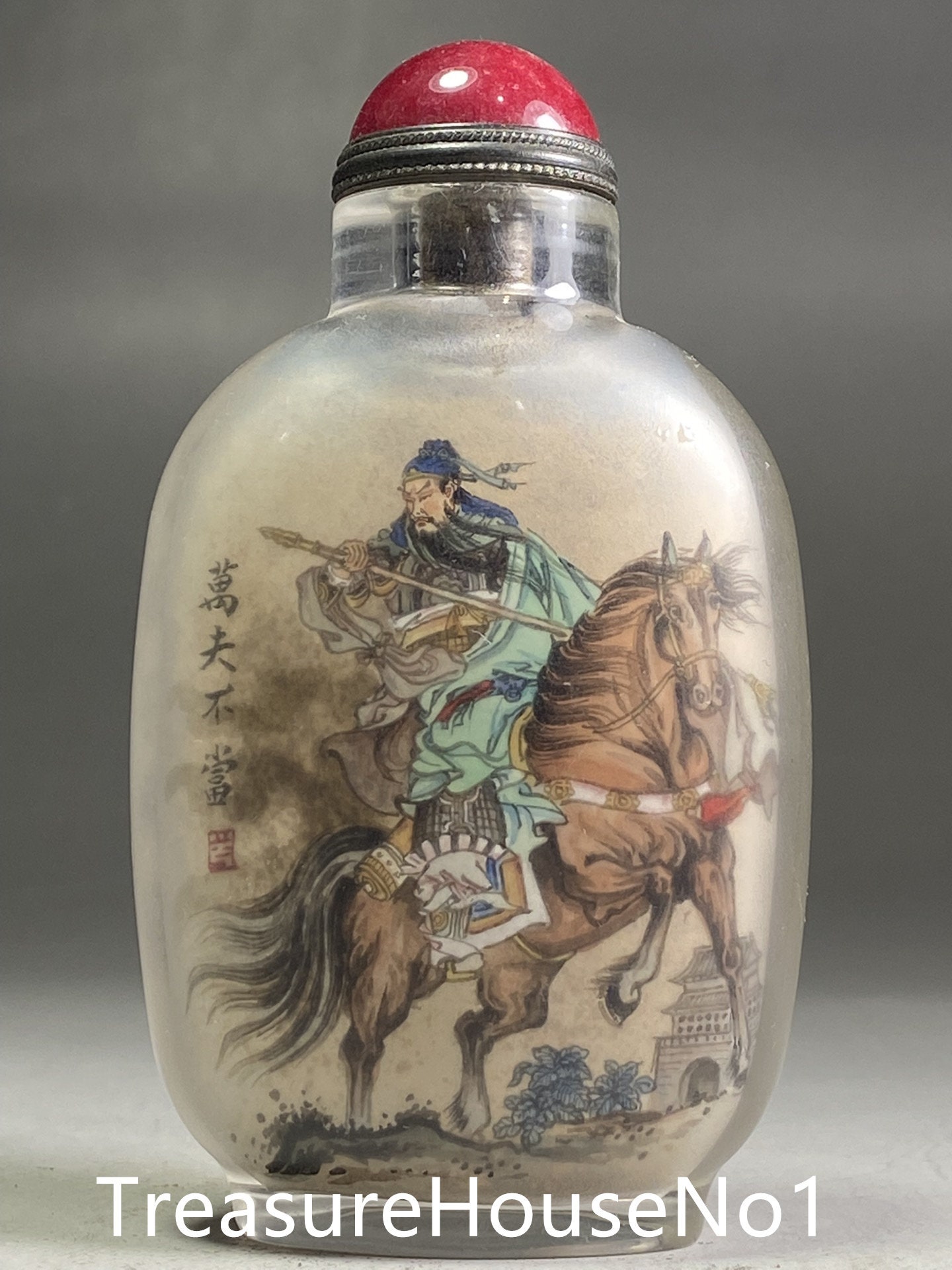 Chinese antique handmade old glazed interior painting figure and text snuff bottle ornament