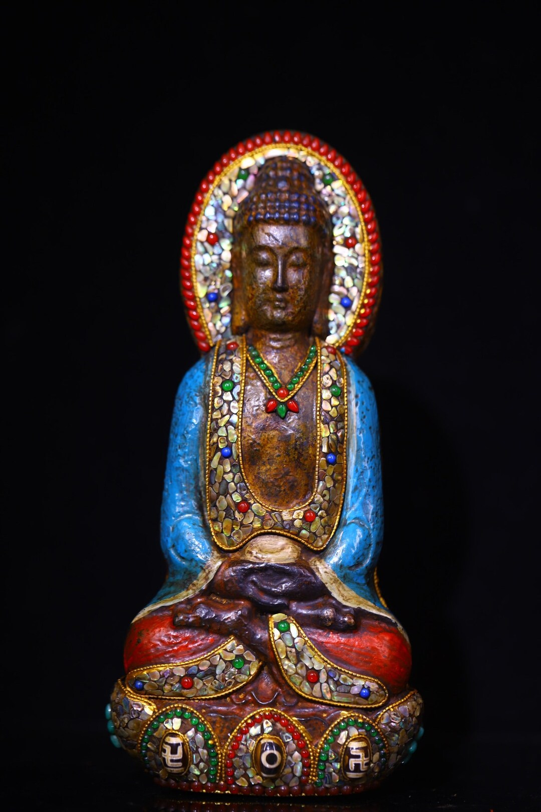 Chinese Statue Handcarved Meteorite Inlaid Gemstone Dzi Beads Buddha Statue Ornaments, With