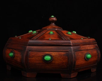 China's antique natural mahogany fruit box statues are hand carved, inlaid with precious stones, and the patterns are precious  collected