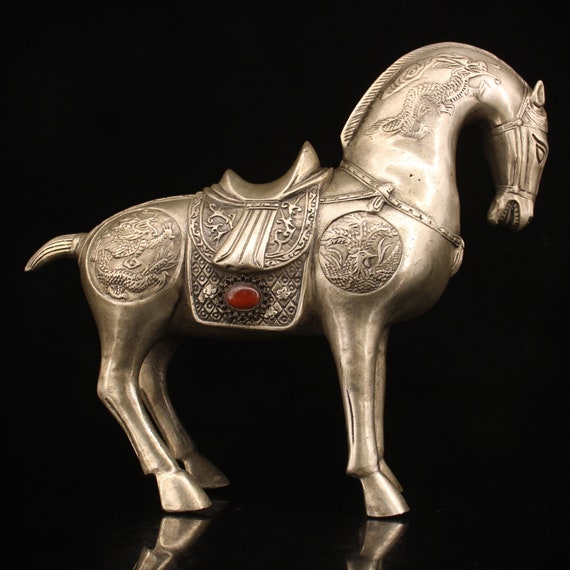 Exquisite Chinese Old Pure Brass Hand-Carved Horse Small Statue 