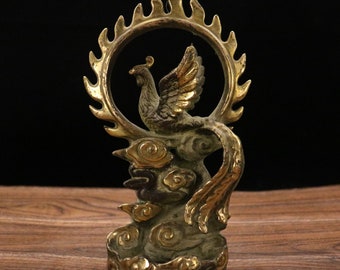 Cinese antico puro intagliato a mano bronzo dorato fuoco fenice squisito e raro
