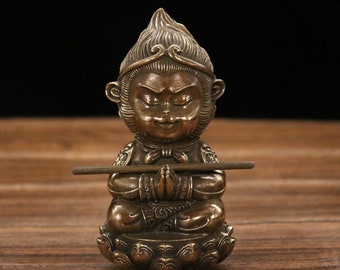 Chinese antique pure hand-carved brass sitting lotus Sun Wukong exquisite and rare