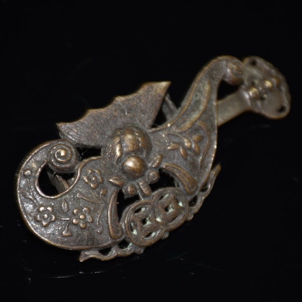 Adorno de candado de murciélago de latón tallado a mano puro antiguo chino, valor de colección