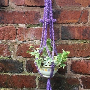 May include: Purple macrame plant hanger with a small potted plant hanging from it. The hanger is attached to a brick wall.