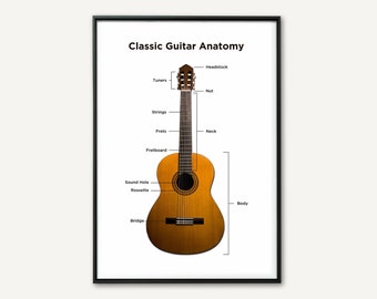 Póster de anatomía de guitarra clásica. Partes de guitarra clásica. Instrumento de música clásica. Póster de alta resolución.