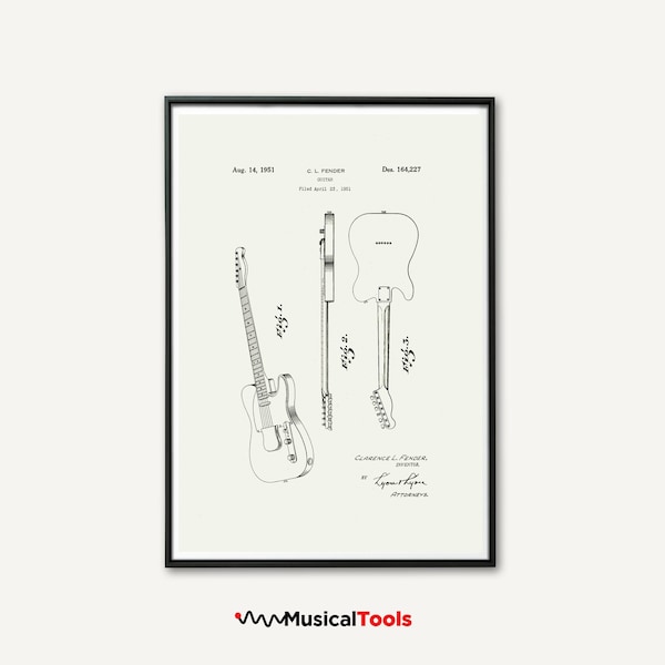 1951 Patente de guitarra Fender Telecaster. Afiche descargable e imprimible. Diseño de patente original vintage.