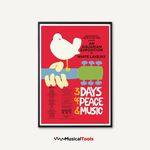 WOODSTOCK 1969 Affiche imprimable. affiche de concert vintage avec tous les noms et événements d'artistes musicaux. Décoration murale Art téléchargement numérique instantané.