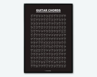 Guitar Extended Chord Chart poster. Music Gift. Guitar Reference. Music Education. Black edition