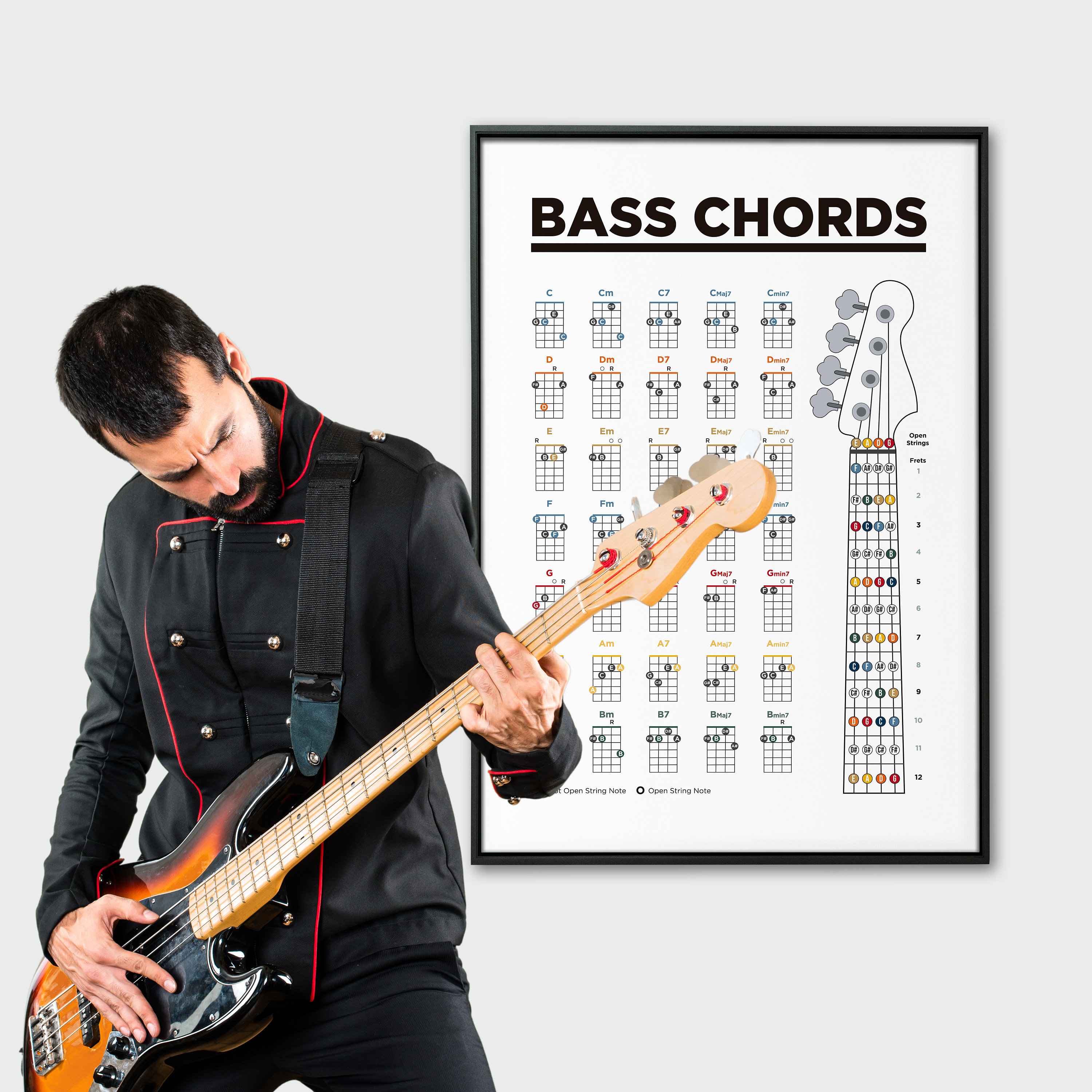  Mini Bass Guitar Chord Chart with 56 Chords - Laminated Bass  Guitar Chord Poster for Beginners and Musicians - Music Theory Poster -  Bass Guitar Accessories - 8.5 x 11 