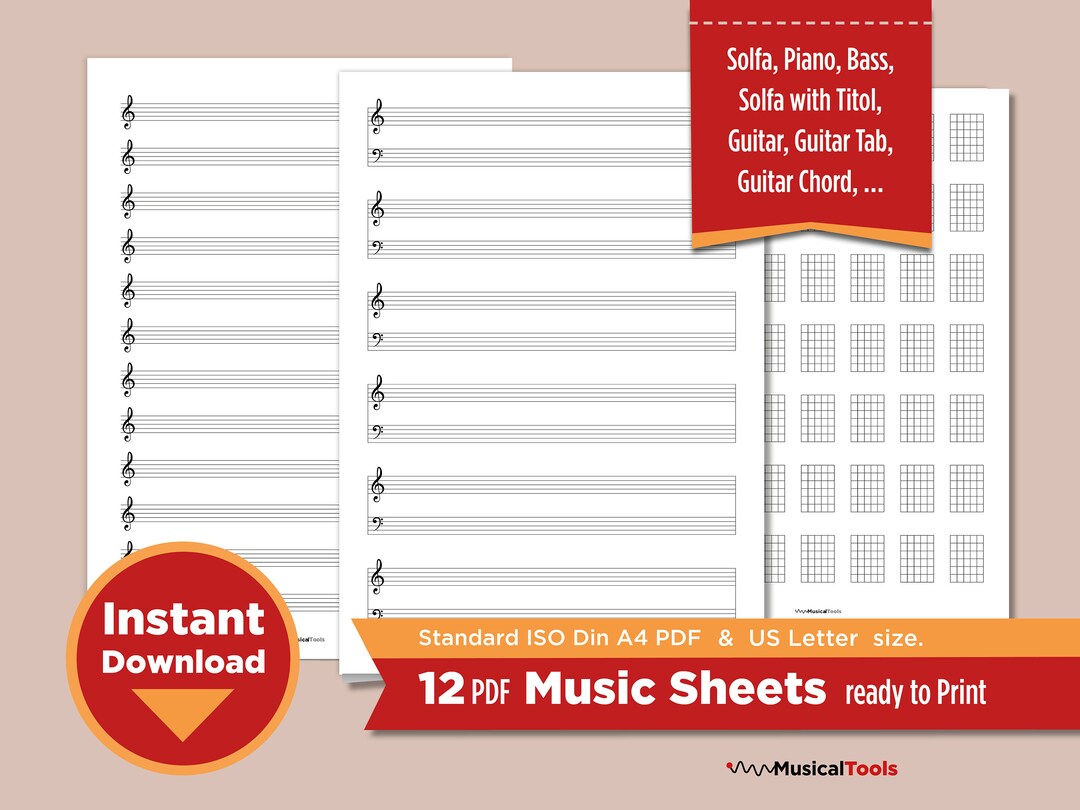 Musician Sheets. 12 Different PDF Music Blanc Sheets. Ready to Use in