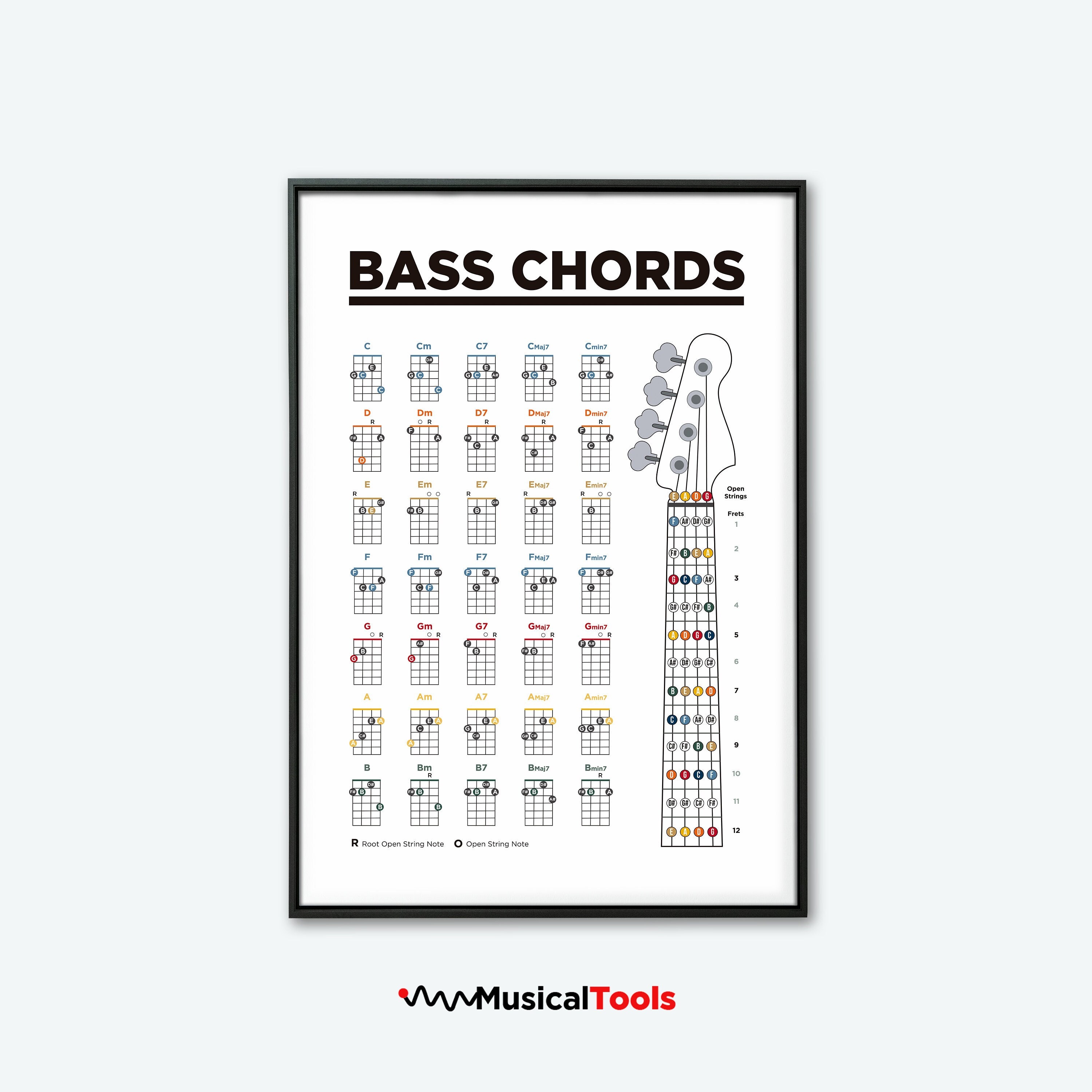  Mini Bass Guitar Chord Chart with 56 Chords - Laminated Bass  Guitar Chord Poster for Beginners and Musicians - Music Theory Poster -  Bass Guitar Accessories - 8.5 x 11 