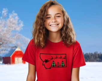 Montana State Christmas Santa Youth T-shirt • Cute Kid's Montana Christmas Shirt • Children's Holiday Tees • Montana Gifts • Santa Shirt