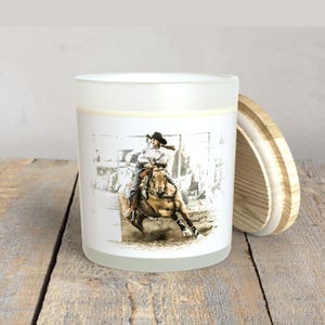 Rodeo Barrel Racer Frosted Glass Soy Wax Wood Wick Candle • Western Rodeo Candle • Cowgirls & Horses • Rodeo Photos • Rustic Home Decor