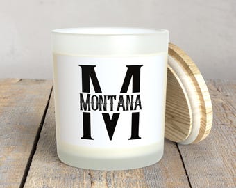 Montana Frosted Glass Soy Wax Wood Wick Candle • Montana Souvenir Candles • Country Decor • Western Ranch Home Decor • Montana Gift Candles