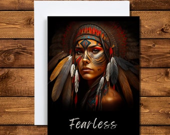 Inspirational Tribal Native American Woman in Colorful Headdress 5x7 Greeting Cards, Blank Greeting Cards, Stationery, Indian Art Designs