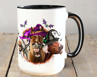 Halloween Funny Horses Coffee Mug • Halloween Gift • Funny Horses in Witch Hats • Horse Lover Gifts • Halloween Mug • Horse Coffee Mugs