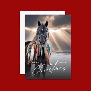 Native American Horse with Feathers Christmas Holiday Cards • American Indian Christmas Cards • Horse Photos • Indigenous • Rustic Christmas