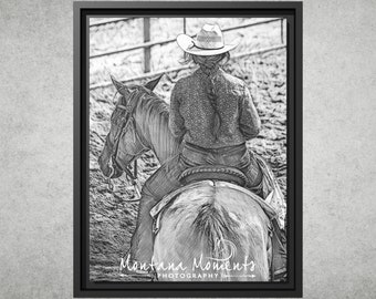 Cowgirl on Horseback Photo Art Canvas Print in Black Frame, Framed Canvas Wall Art, Cowgirl Wall Photo, Horse Art, Rustic Western Home Decor