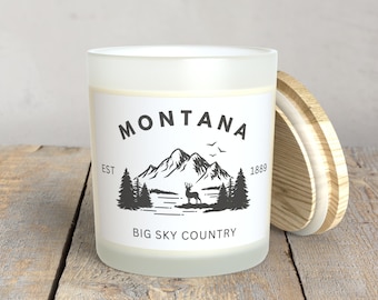 Montana State Mountains Deer Frosted Glass Soy Wax Wood Wick Candle • Montana Souvenir Candles • Big Sky Country • Western Ranch Home Decor 