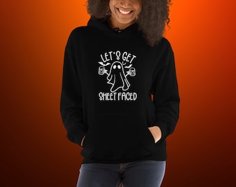 Cute Halloween Black Unisex Hooded Sweatshirt, "Let's Get Sheet Faced" Funny Black Halloween Hoodie, Ghost Sweatshirt, Halloween Gift