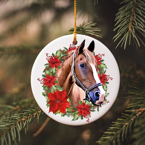 Horse Christmas Ornaments, Western Ornaments, Christmas Decorations, Horse with Poinsettia Wreath, Holiday Ornament