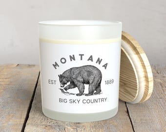 Montana State Bear Frosted Glass Soy Wax Wood Wick Candle • Montana Souvenir Candles • Big Sky Country • Western Ranch Home Decor