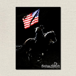 Cowgirl on Horse with American Flag, USA, Western Horse Prints, American Cowgirl, Western Rustic Wall Decor - &quot;Honor & Glory&quot;