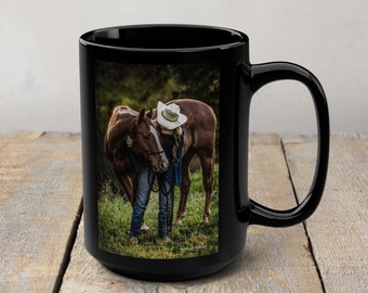 Cowgirl & Horse Photo Black 15oz Mug, Horse Photos, Horse Lovers Gift, Western Coffee Mug, Cowgirl Gifts, Ranch Girls, Cowgirl Coffee Cup