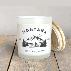 Montana State Mountains Deer Frosted Glass Soy Wax Wood Wick Candle • Montana Souvenir Candles • Big Sky Country • Western Ranch Home Decor 