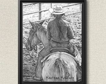 Black & White Horse Cowgirl Wall Print • Framed Canvas Wall Art • Cowgirl Wall Photo • Horse Art • Rustic Western Home Decor • Horse Lover