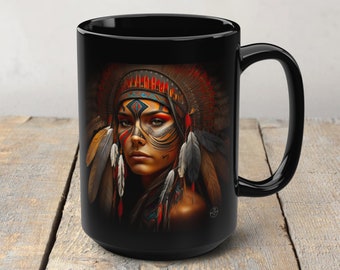 Native American Tribal Woman Portrait Black 15oz Mug • Unique Indigenous Art Coffee Cup • Black Ceramic Mug • Tribal Native Art Coffee Cup