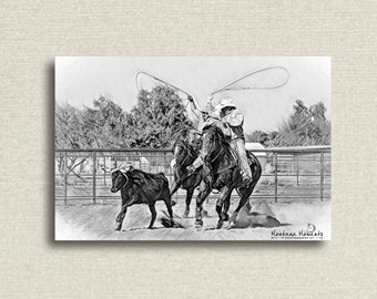 Black & White Sketch Rodeo Photo Canvas Wall Print • Western Wall Decor • Horse Photos • Team Calf Roping • Cowboy Art • Rustic Ranch Decor