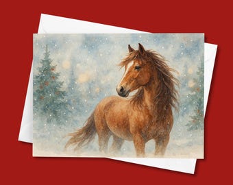 Winter Horse Christmas Card • 7x5 Watercolor Winter Horse Art • Rustic Ranch Holiday Greeting Card • Vintage Country Christmas Card