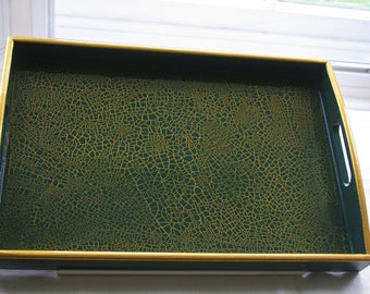 Decorative dark olive green and gold lacquer serving tray with handles / Vanity tray / Ottoman tray