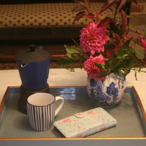 Stunning boathouse blue  and gold lacquer serving tray with handles / Vanity tray