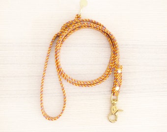 Peut inclure: Une laisse de chien tressée jaune, orange et bleue avec un mousqueton en métal doré.