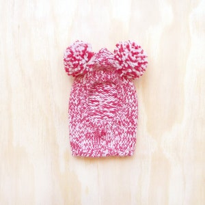 Pom Pom Sweater Hood -  Marled Cherry Pink / hand knit baby alpaca warm wool hat for dog cat super soft non itchy hand wash beanie quality