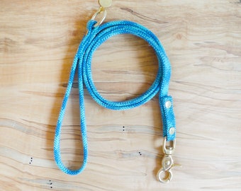 Keiki Rope Leash - Aqua / lightweight climbing rope leash upcycled handmade nyc reused rope brass trim durable lead for dog colorful