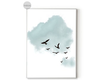 Clouds Wall Art Digital Download, Cloud Canvas Wall Art, Flock of Birds With Cloud Printable Art, Cute and Simple Art Prints For Home Decor