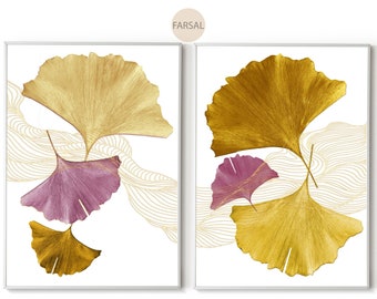 2 Piece Ginkgo Biloba art print, Yellow Wall Art Prints, Yellow Ginkgo Biloba Wall Art Living Room, Trendy Living Room Wall Decor