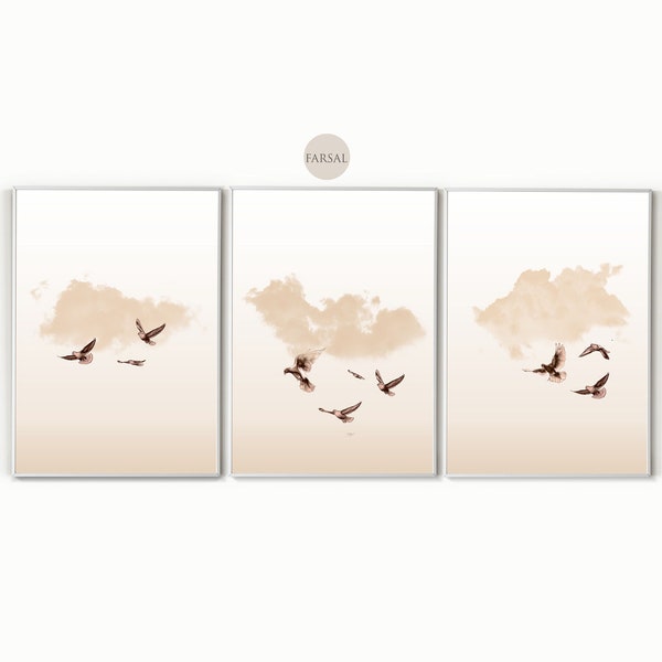 3 Bird Printable Art, Rose Gold Birds Wall Art Print, Flock of Birds Decor, Three Set of Prints, Pink Bird Printable Art, Bird Prints Set