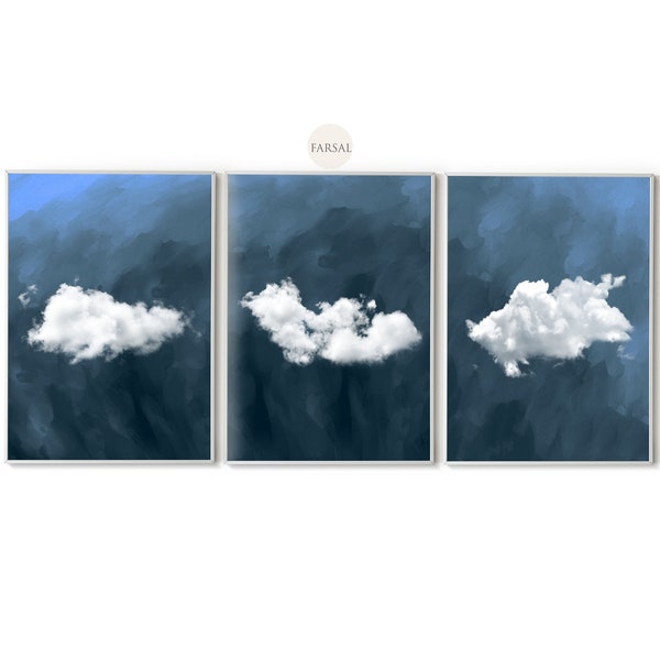 3 Piece Clouds Wall Art, Clouds Canvas Wall Art Print, Blue Sky With Cloud Printable Art, Large Wall Art For Bedroom And Living Room